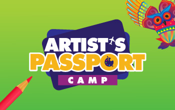 Artist passports camp logo with an illustration of a red owl and a red colored pencil.